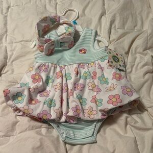 Little Me Flower Print Baby Dress & Headband - Pastel Pink, Mint, Yellow